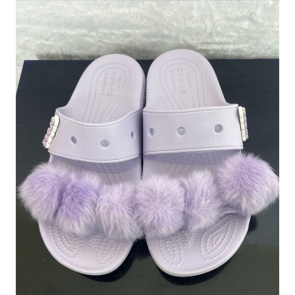 CROCS Iconic Comfort Womens Sandal Slide Purple Removeable Puff Balls Size 7 NEW - Picture 5 of 8